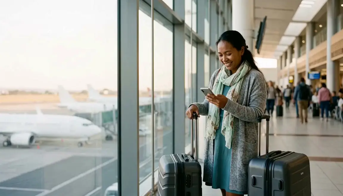 Vidéo générée par IA : une voyageuse sourit en lisant un message, ses valises près d'elle, dans un hall d'aéroport.