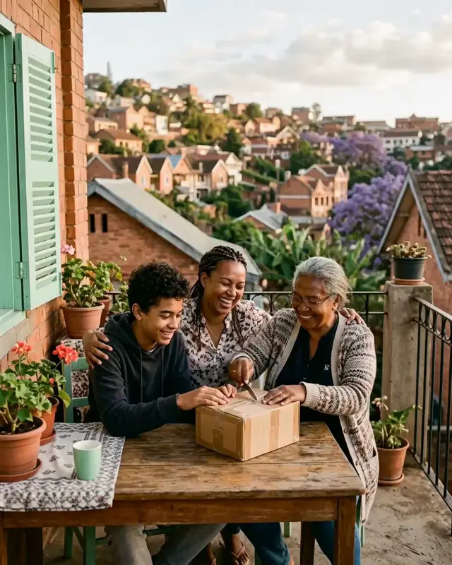 Vidéo générée par IA : une famille ouvre un colis sur une terrasse.